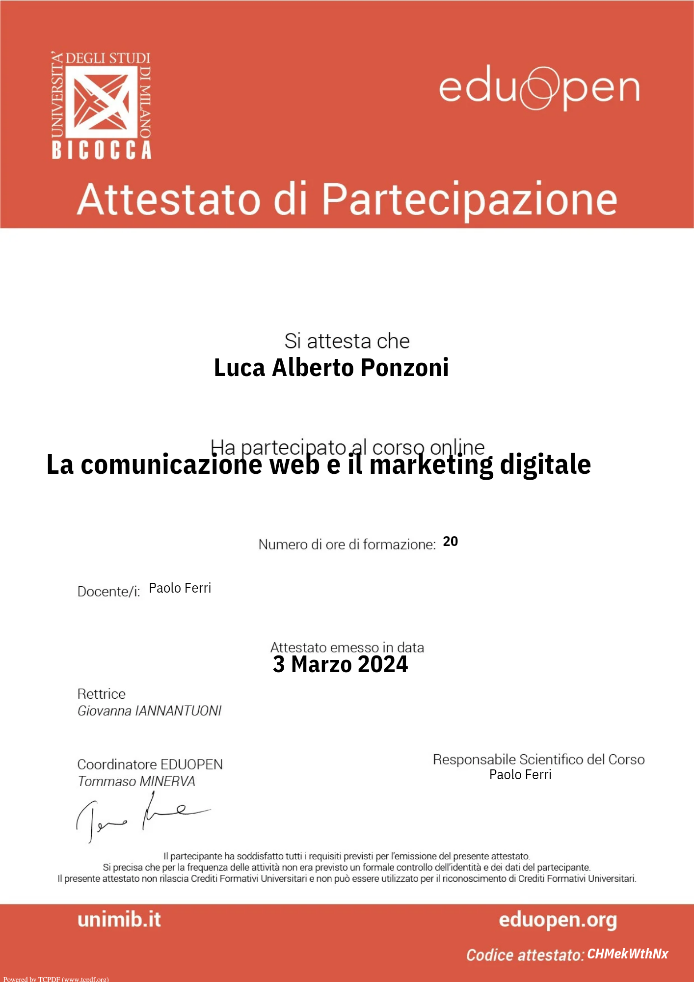 Certificazione La comunicazione web e il marketing digitale rilasciata da Università di Milano-Bicocca