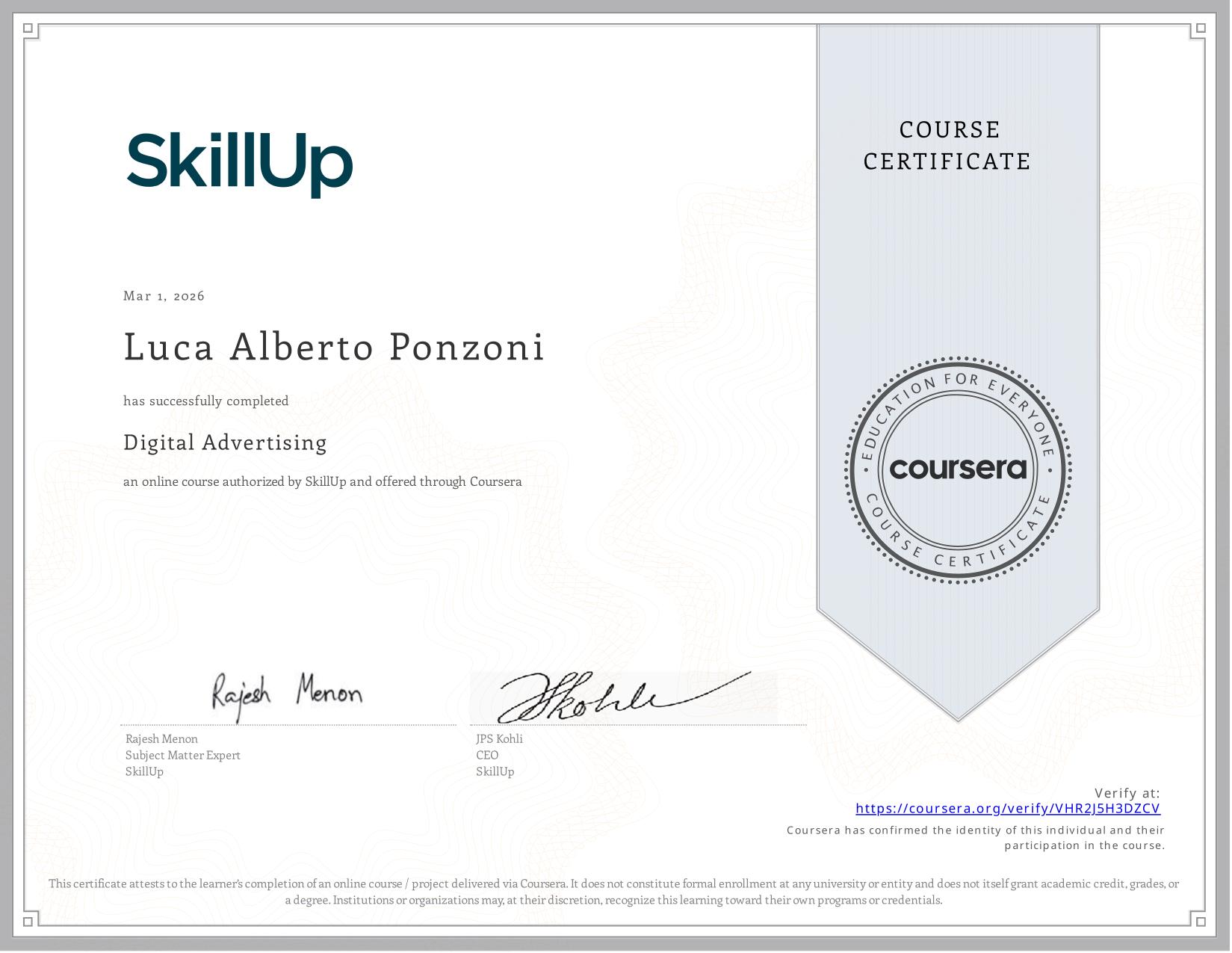 Certificazione Digital Advertising rilasciata da SkillUp · Coursera