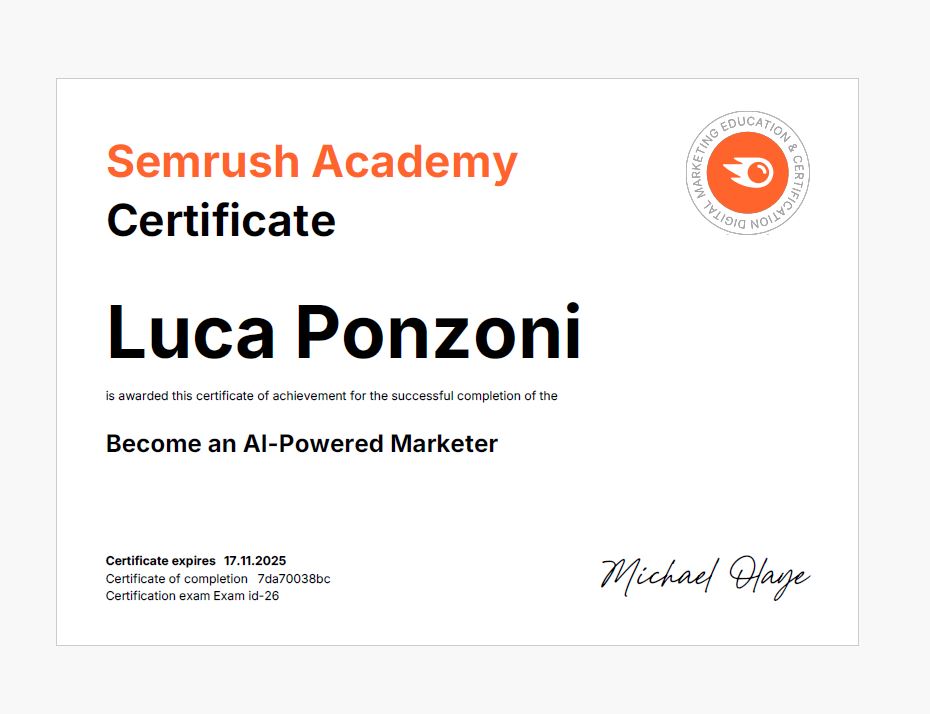Certificazione Become an AI-Powered Marketer rilasciata da Semrush Academy