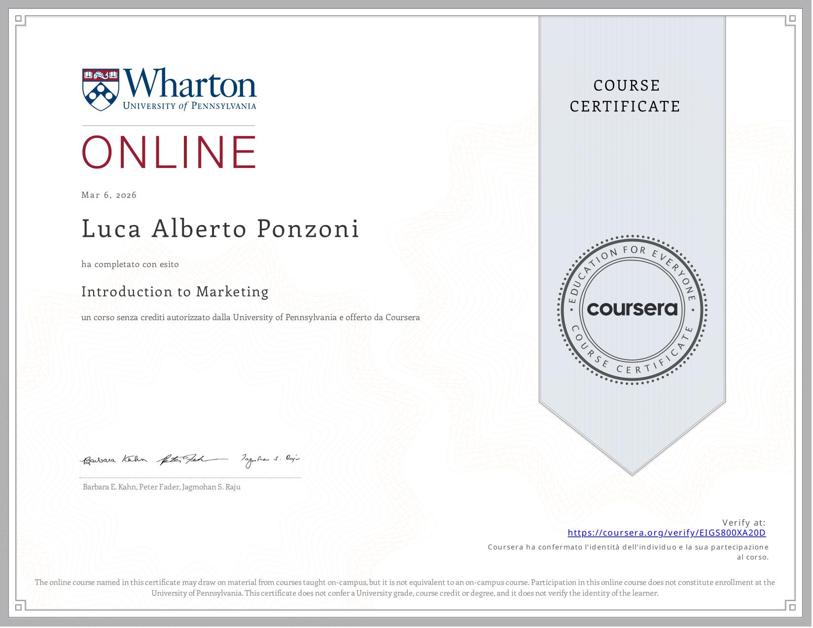 Certificazione Introduction to Marketing rilasciata da Wharton — University of Pennsylvania